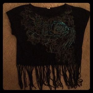 Blue Sparkly Rose Top w/ Fringe